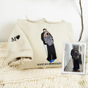 Custom Embroidered Roman Numeral Hoodie with Photo Portrait - Personalized Couple Gift