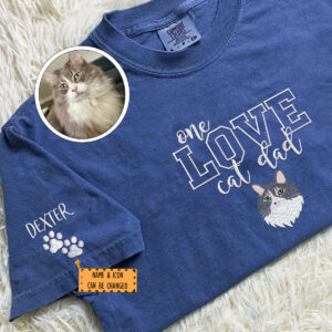 Custom Embroidered One Love Cat Dad T-Shirt - Personalized Cat Father Gift
