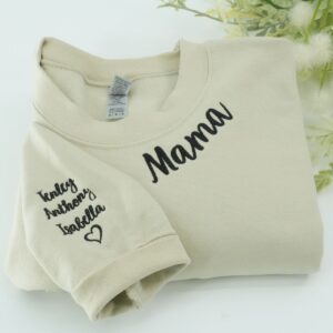 Custom Embroidered Mama Neckline Sweatshirt with Kids Names - Personalized Mom Gift