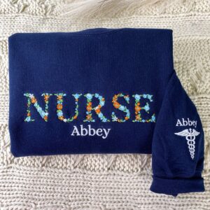 Custom Embroidered Nurse Hoodie with Floral Letters - Personalized Nurse Gift